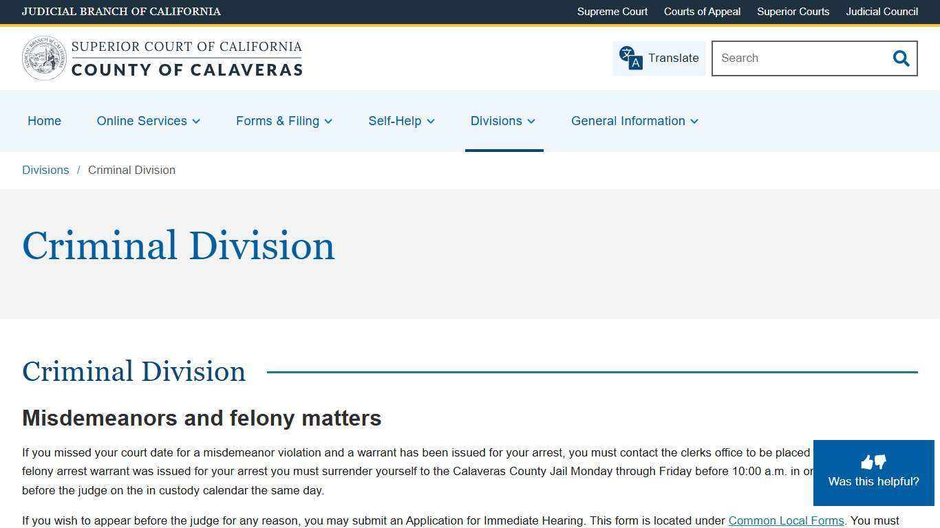 Criminal Division Superior Court of California County of Calaveras